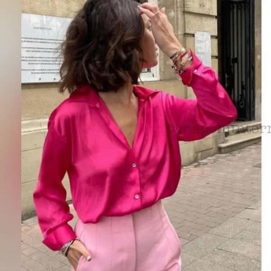 ZARA Satin Effect Long Sleeve Oversized Button Up Shirt Top Pink Small