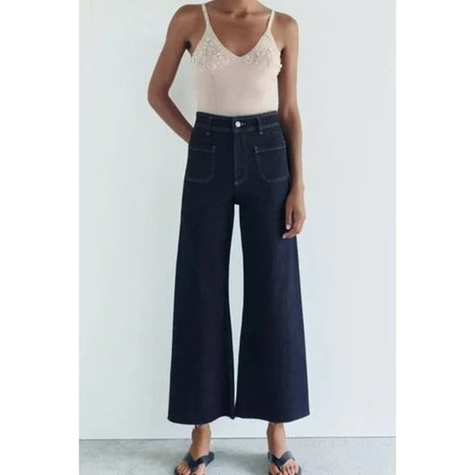 ZARA High Waist Patch Pocket Raw Hem Wide Leg Dark Wash Jeans Blue 6