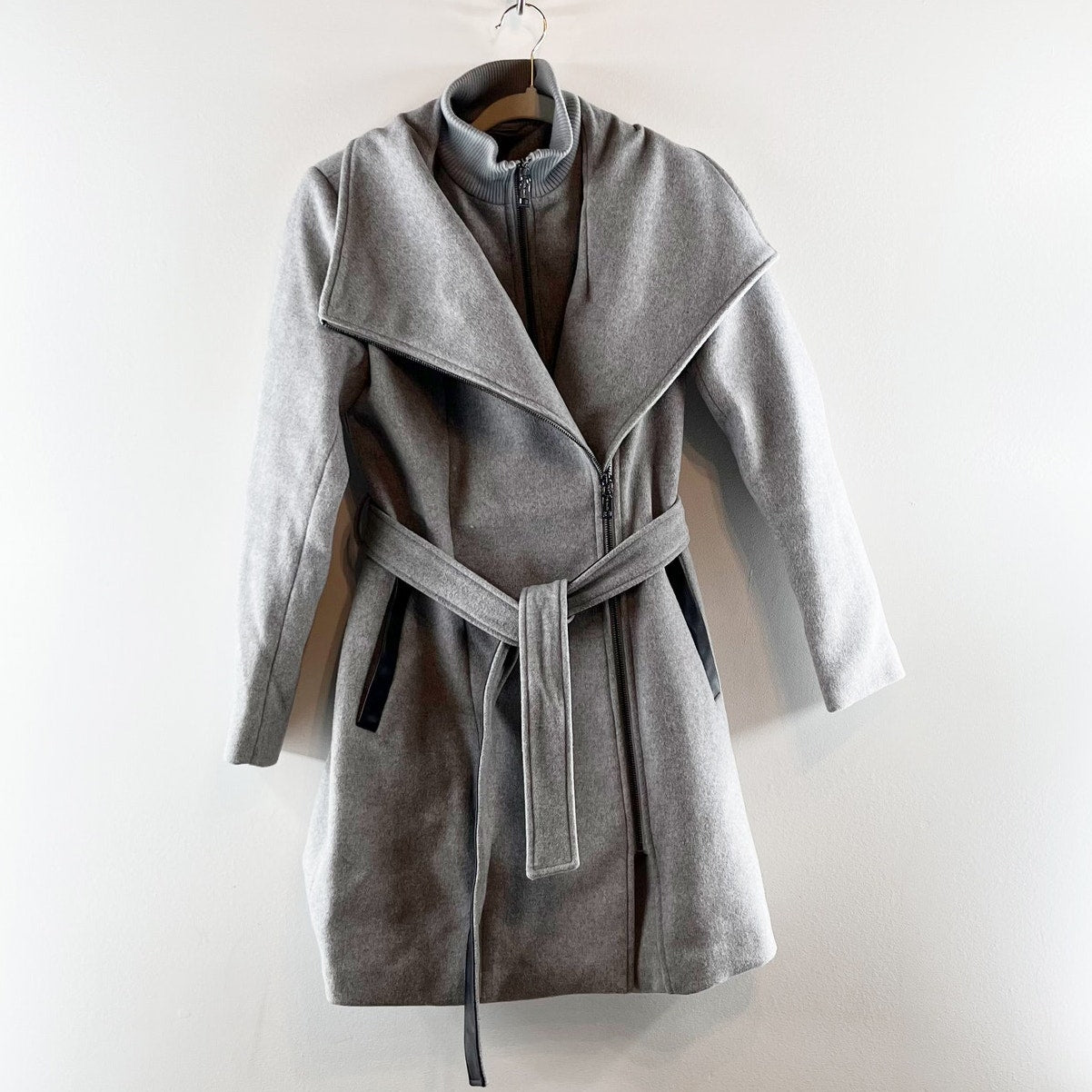 Vince Camuto Belted Asymmetrical Zip Wool Hybrid Coat with PU Trim Gray XXS