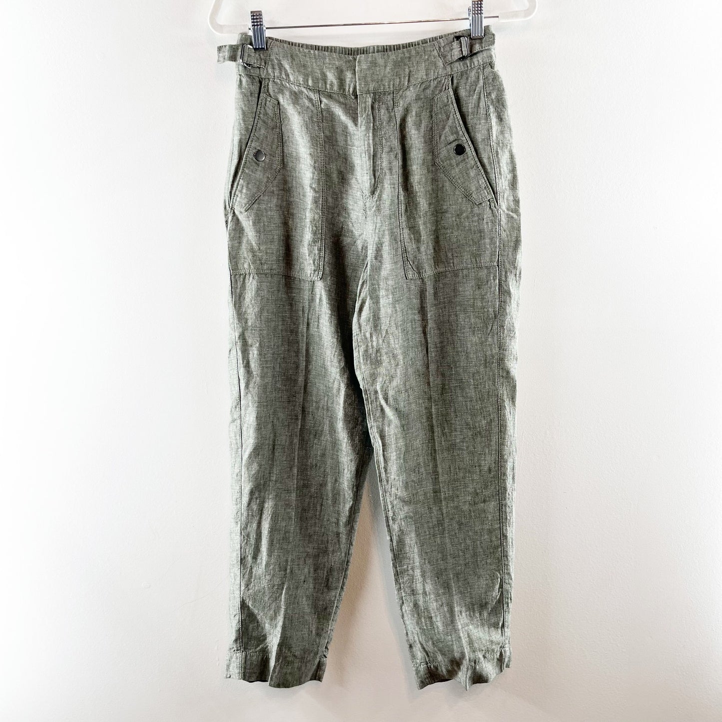 Athleta Voyager High Rise Cropped Linen Straight Leg Pants Green 2