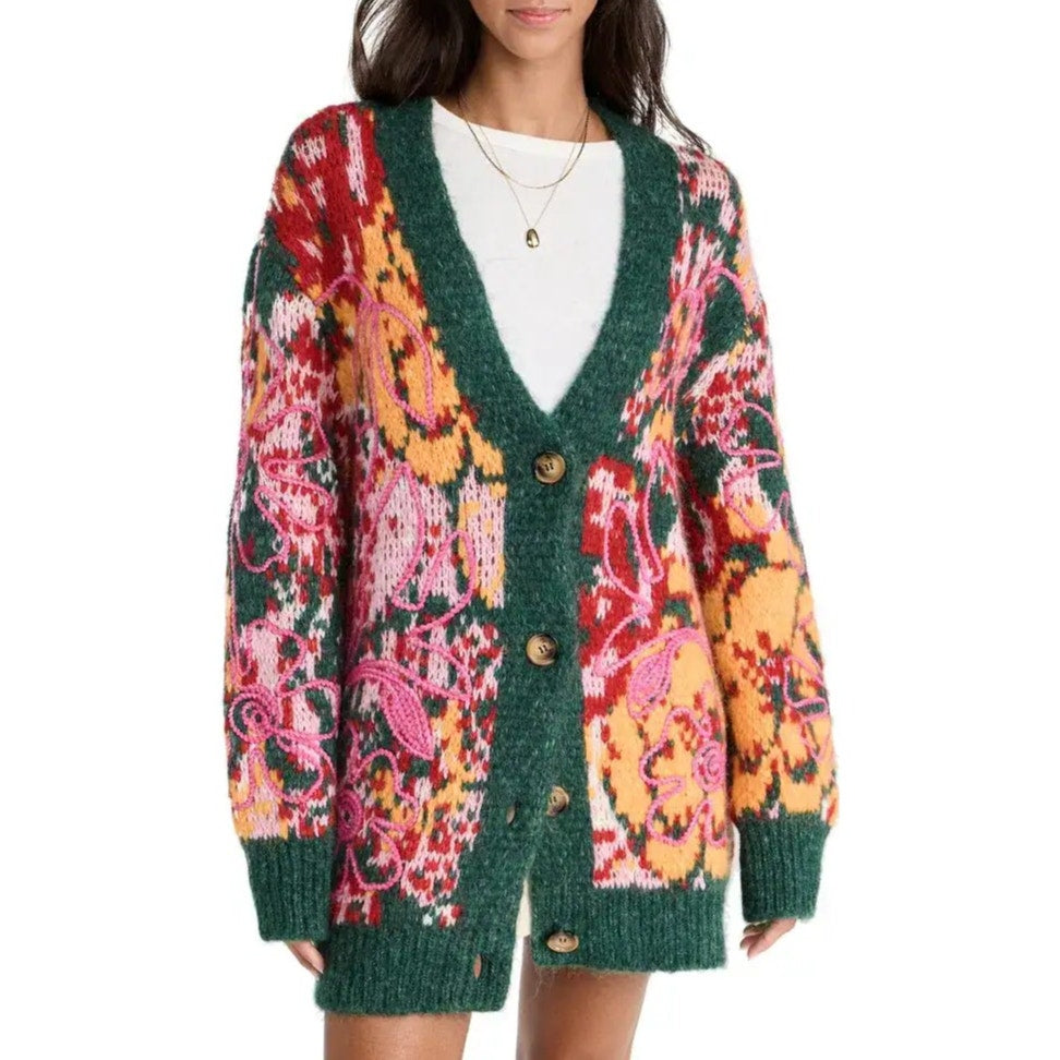 Free People Alexis Floral Long Sleeve V-Neck Cardigan Sweater Yellow Green Large