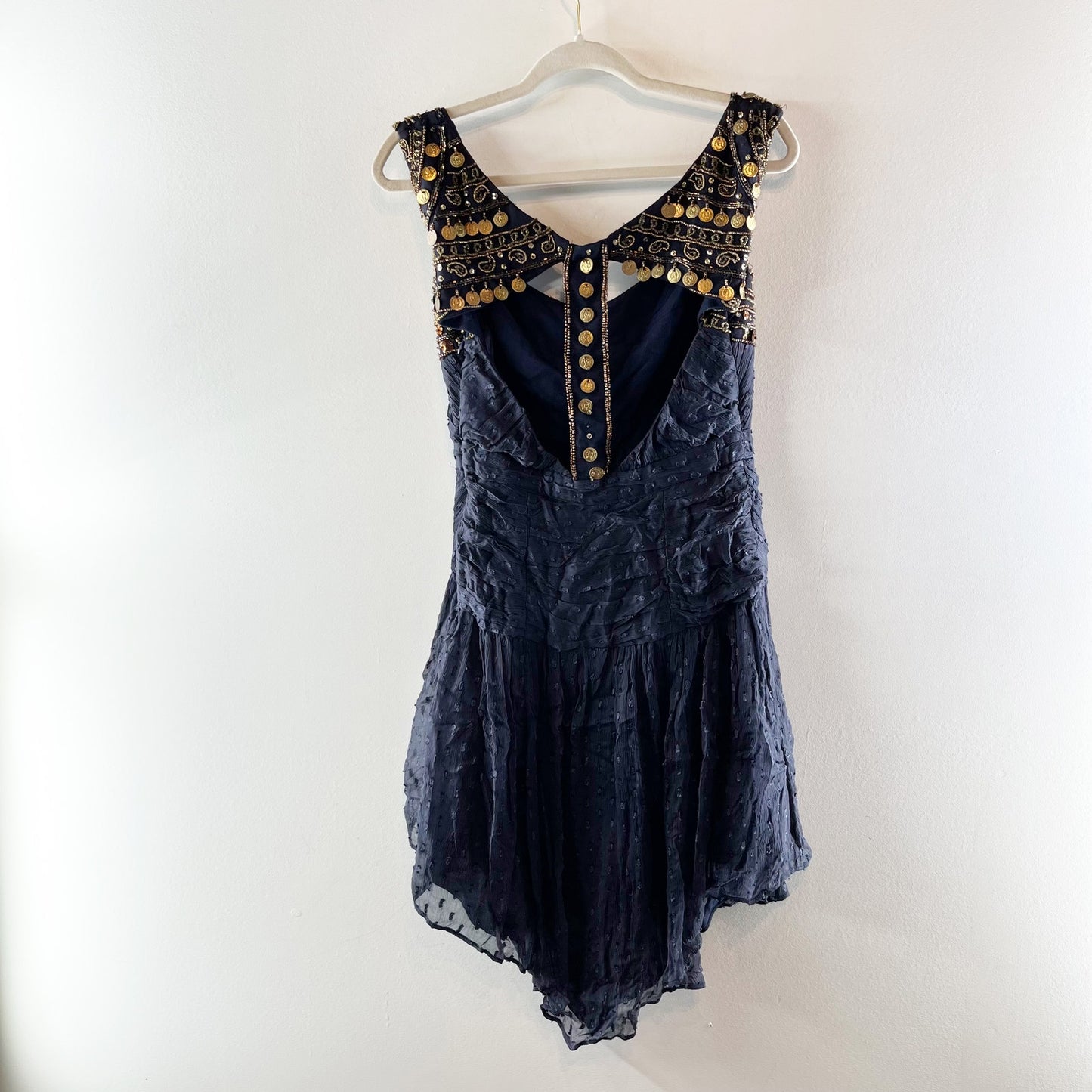 Free People Jeweled Beaded Fit and Flare Mini Dress Navy Blue 4