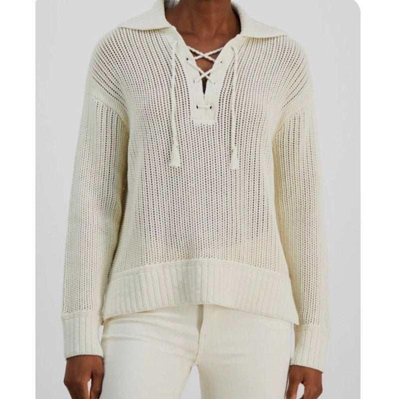 Joie Long Sleeve Lace Up Collared Crochet Polo Sweater Cream White Small