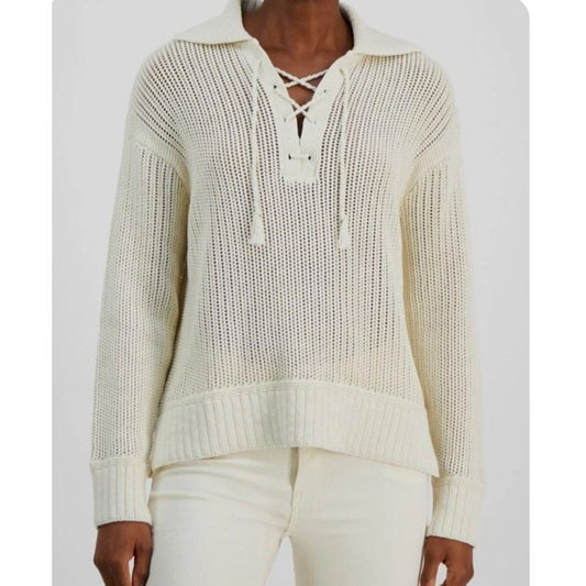 Joie Long Sleeve Lace Up Collared Crochet Polo Sweater Cream White Small
