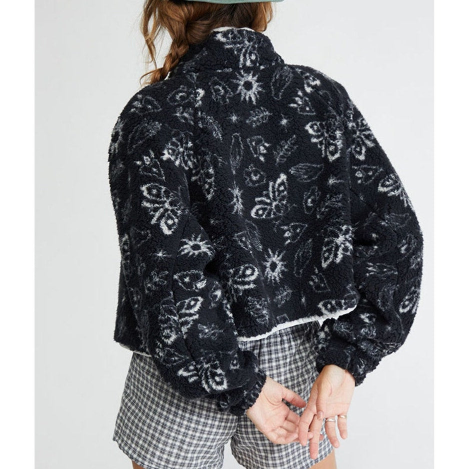 Pacsun Celestial Doodle Cropped Full Zip Sherpa Fleece Jacket Black White Medium