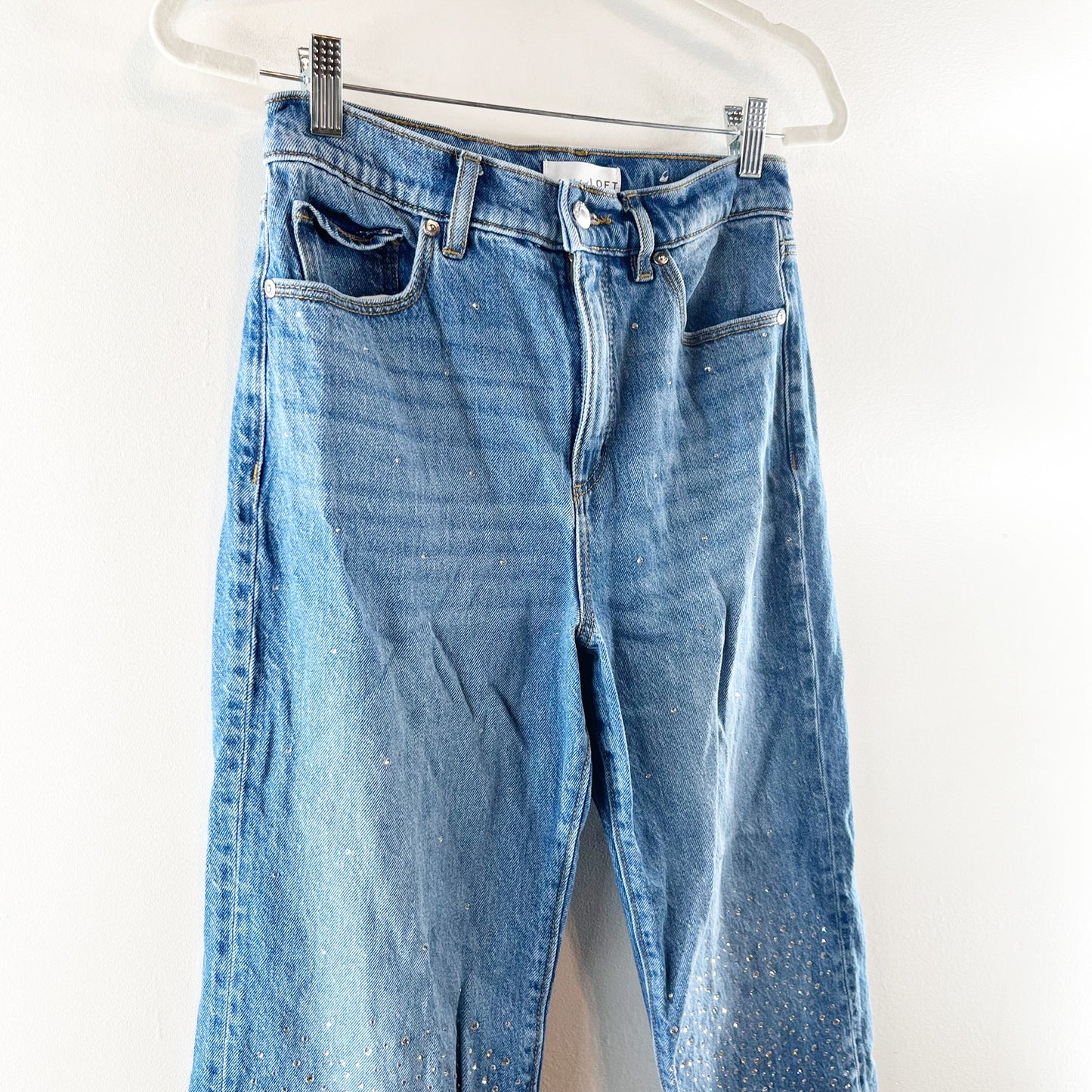 LOFT High Rise Straight Leg Raw Frayed Hem Rhinestone Jeans Blue 2 / 26