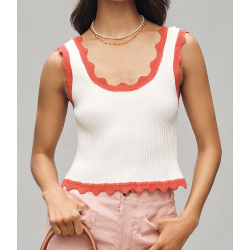 Maeve Anthropologie Cropped Scallop Sweater Tank Top White Red Small