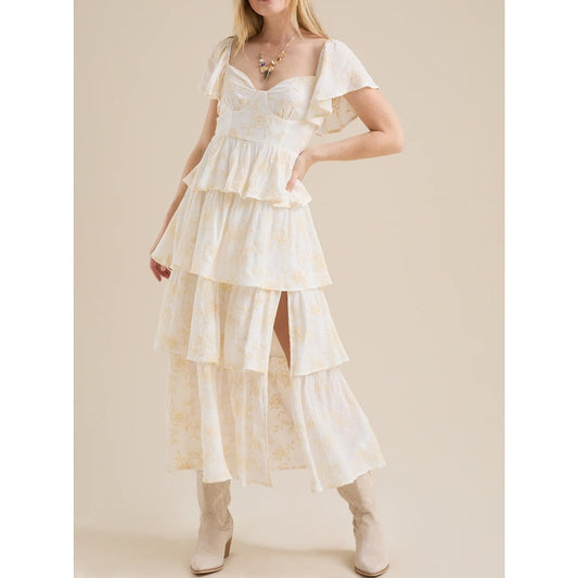 Altar'd State Roxanne Layered Tiered Ruffle Maxi Dress Ivory Yellow Medium