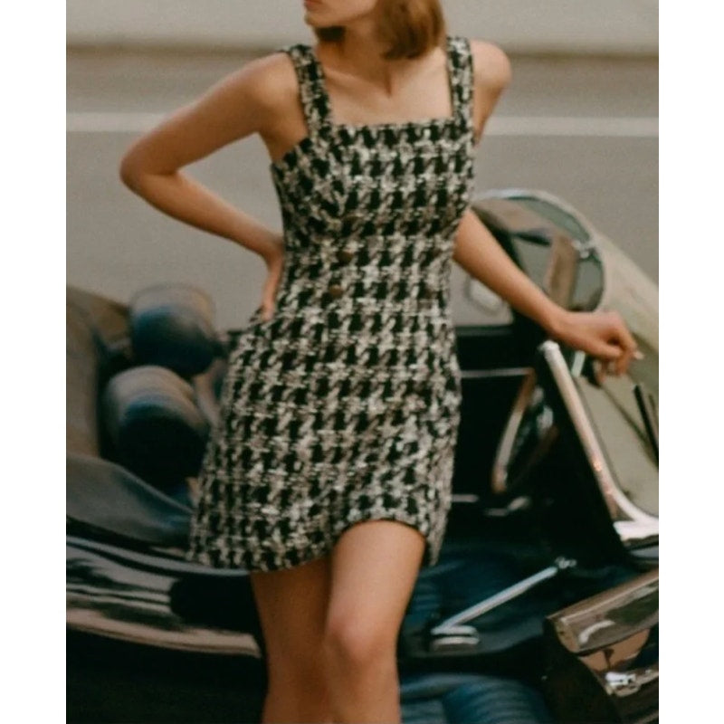 Maeve Anthropologie Tweed Houndstooth Square Neck Mini Dress Black White 4
