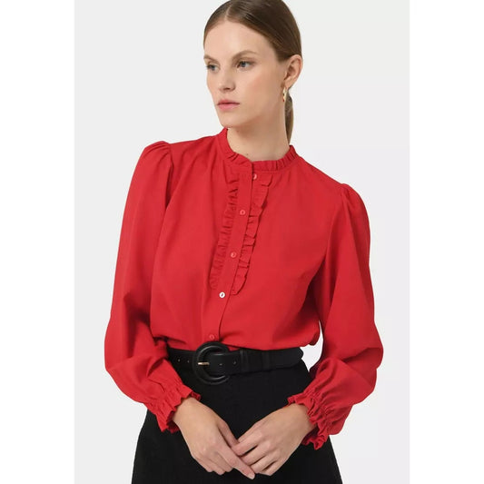 J. Crew Ruffle Front Long Sleeve Button Up Shirt Blouse Red XXL