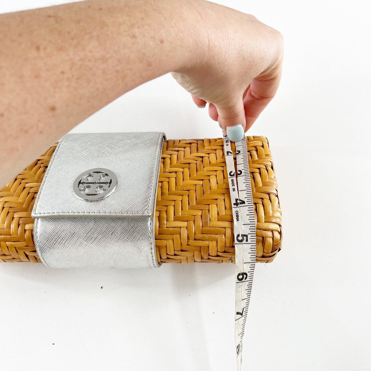 Tory Burch Raffia Rattan Clutch Metallic Silver Tan