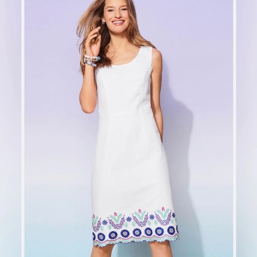 Talbots Linen Floral Embroidered Hem Sleeveless Shift Dress White 14