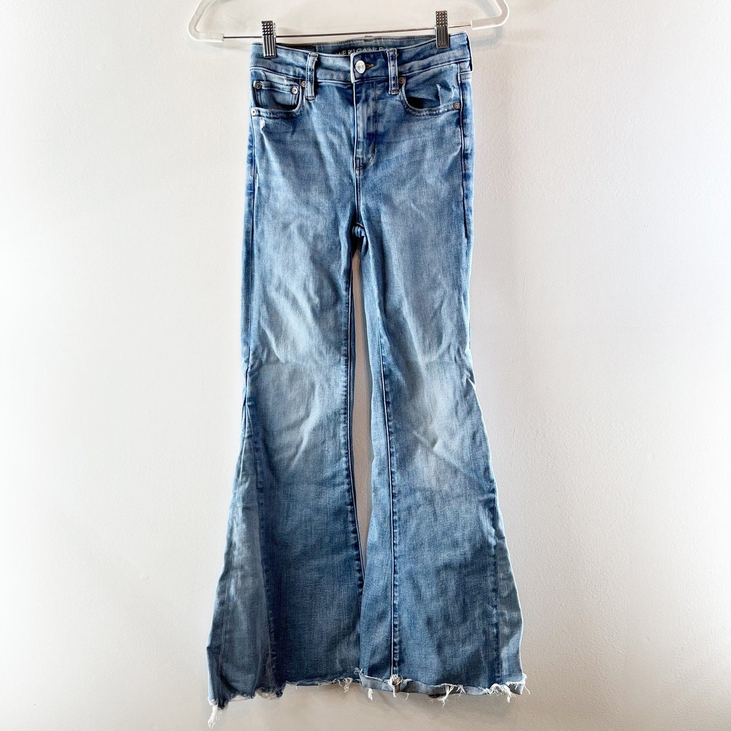 American Eagle Mid Rise Festival Flare Raw Hem Jeans Blue 0