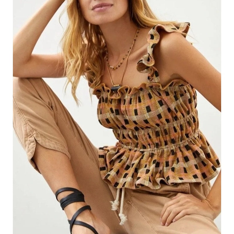 Anthropologie Eva Franco Ruffle Strap Check Peplum Tank Top Tan Black XS