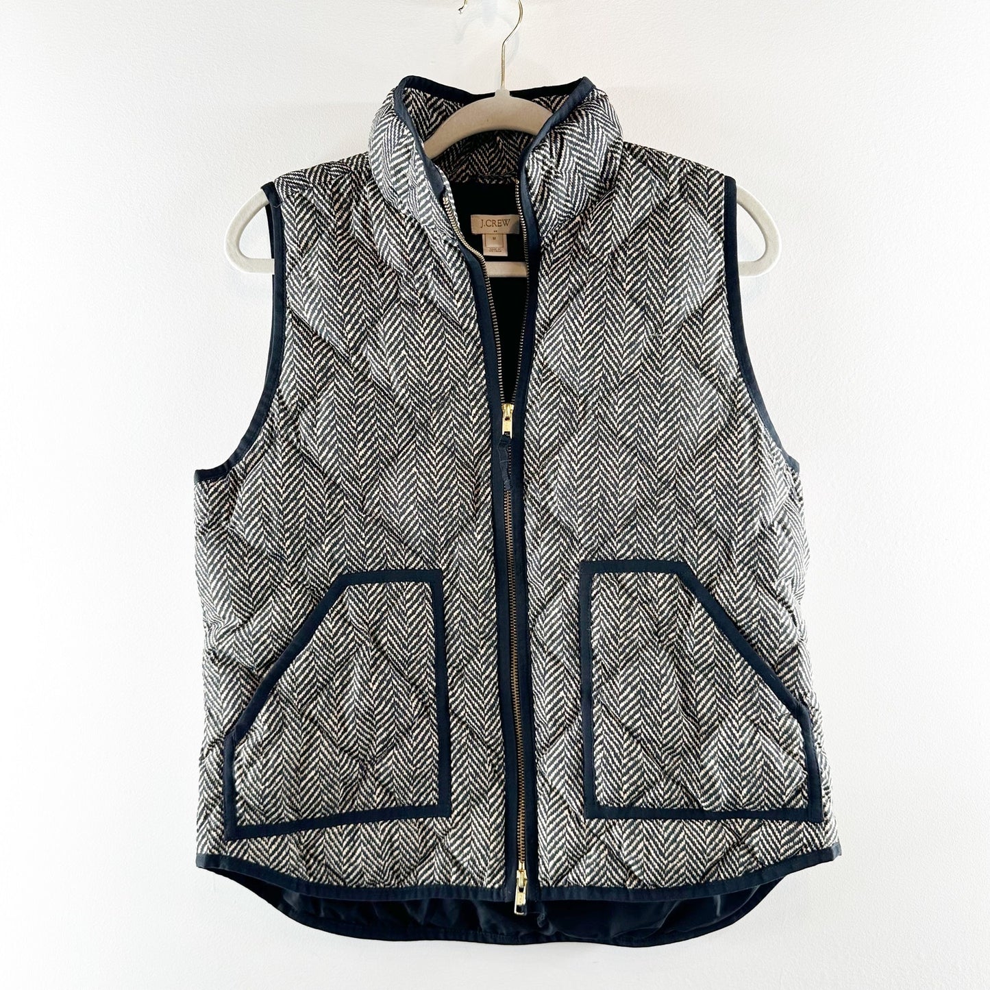 J. Crew Down Filled Herringbone Quilted Puffer Vest Gray Navy Blue Medium