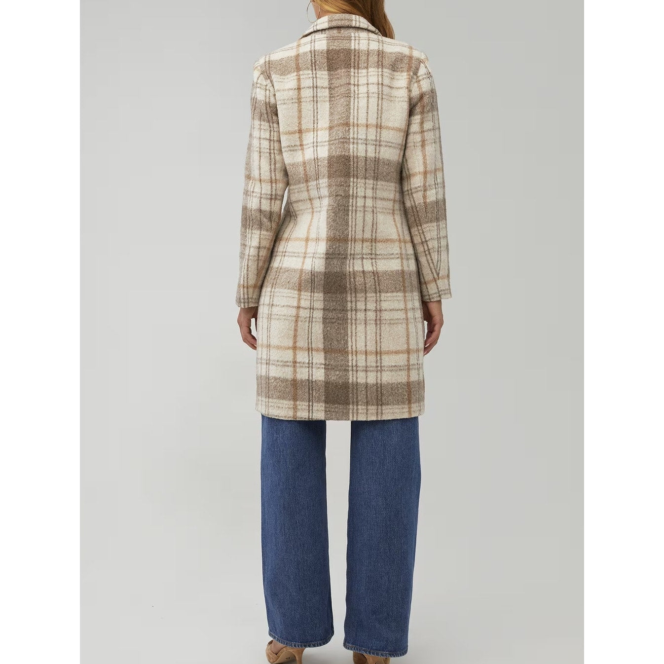 BB Dakota Plaid To Be Said Long Sleeve Notch Lapel Overcoat Peacoat Tan Large