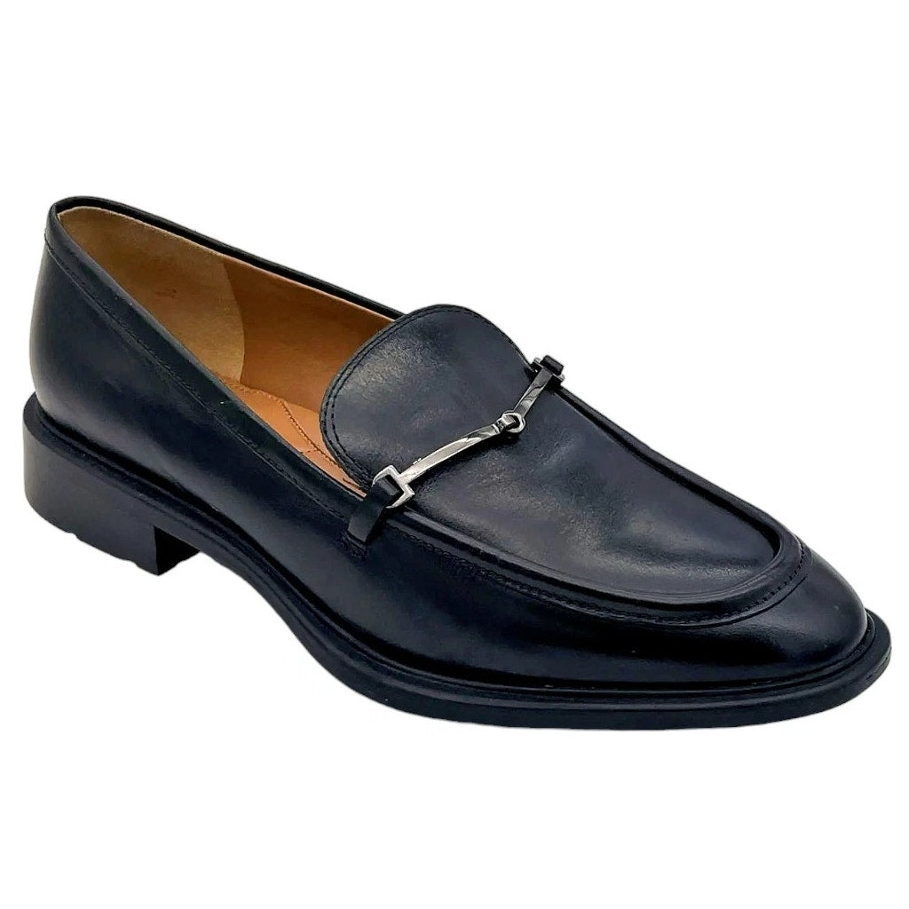 Franco Sarto Eda Leather Classic Slip-On Loafers with Metal Strap Detail Black 9
