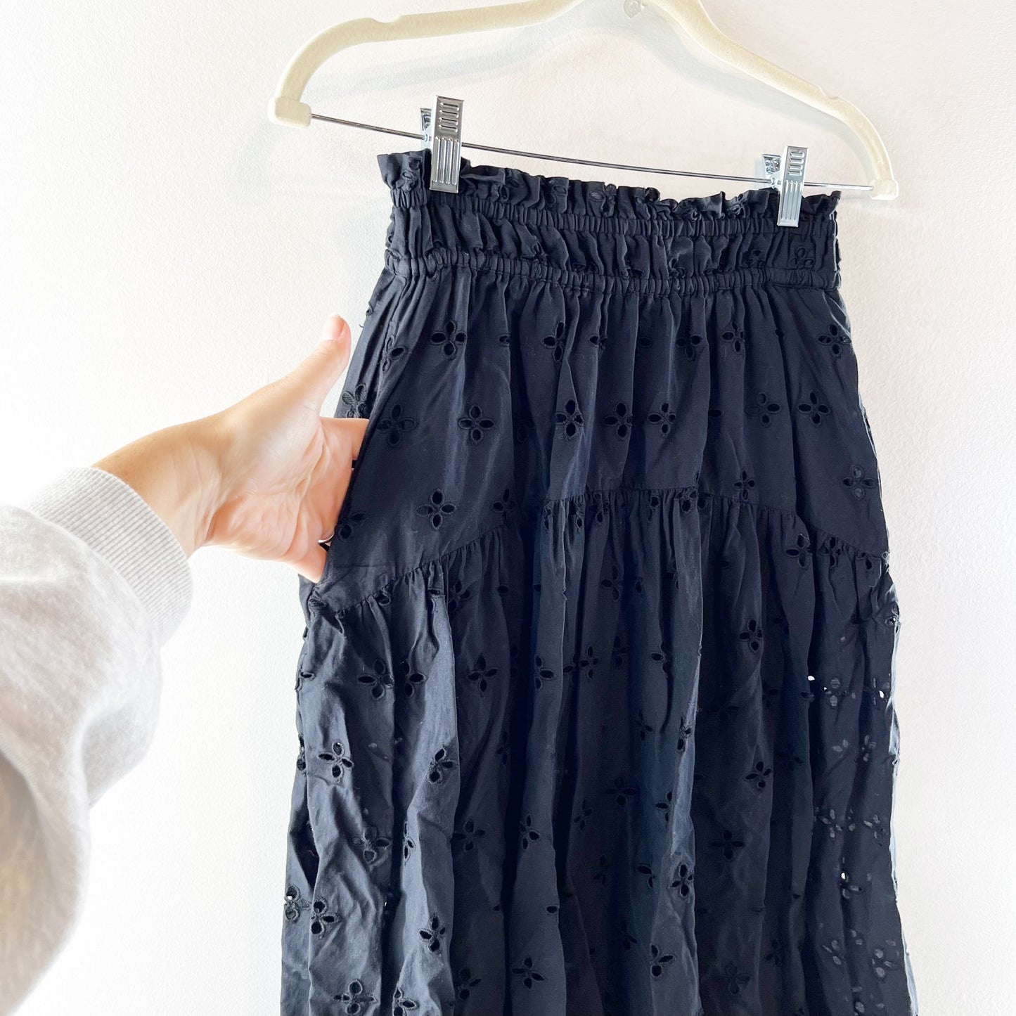 Marea by Liz Joy Louisa Eyelet High Waisted Tiered Midi Skirt Black XS