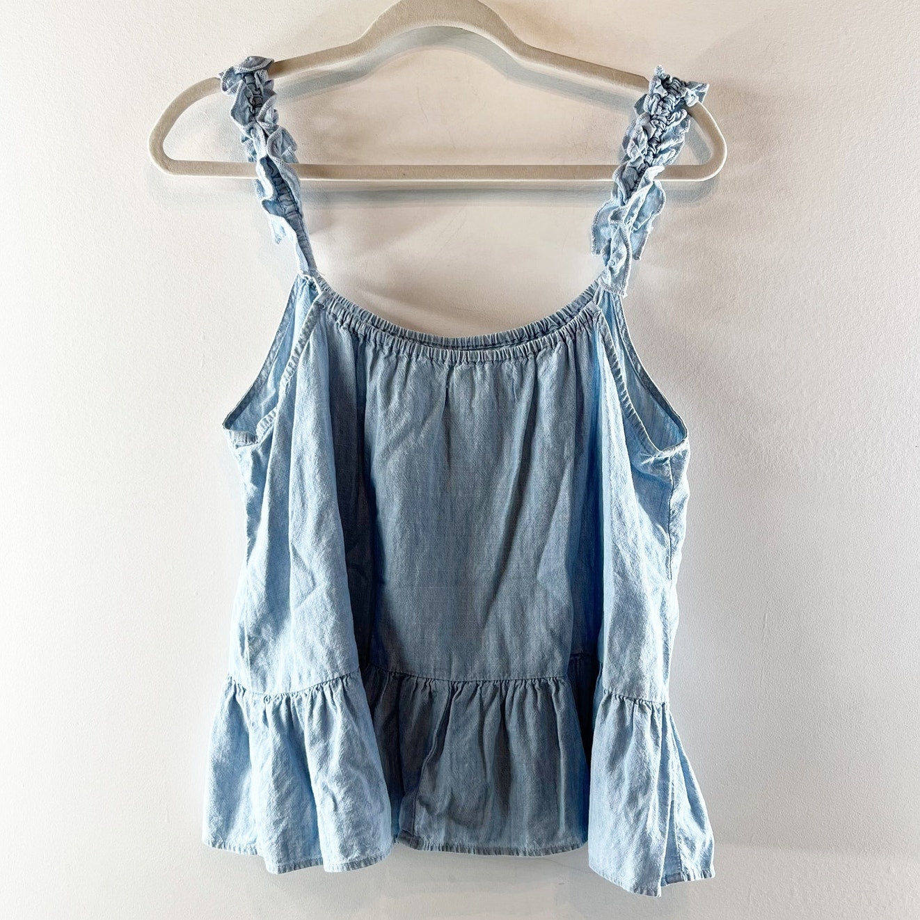 Madewell Sleeveless Denim Ruffle-Strap Peplum Cami Tank Top Blue Haddon Wash 12