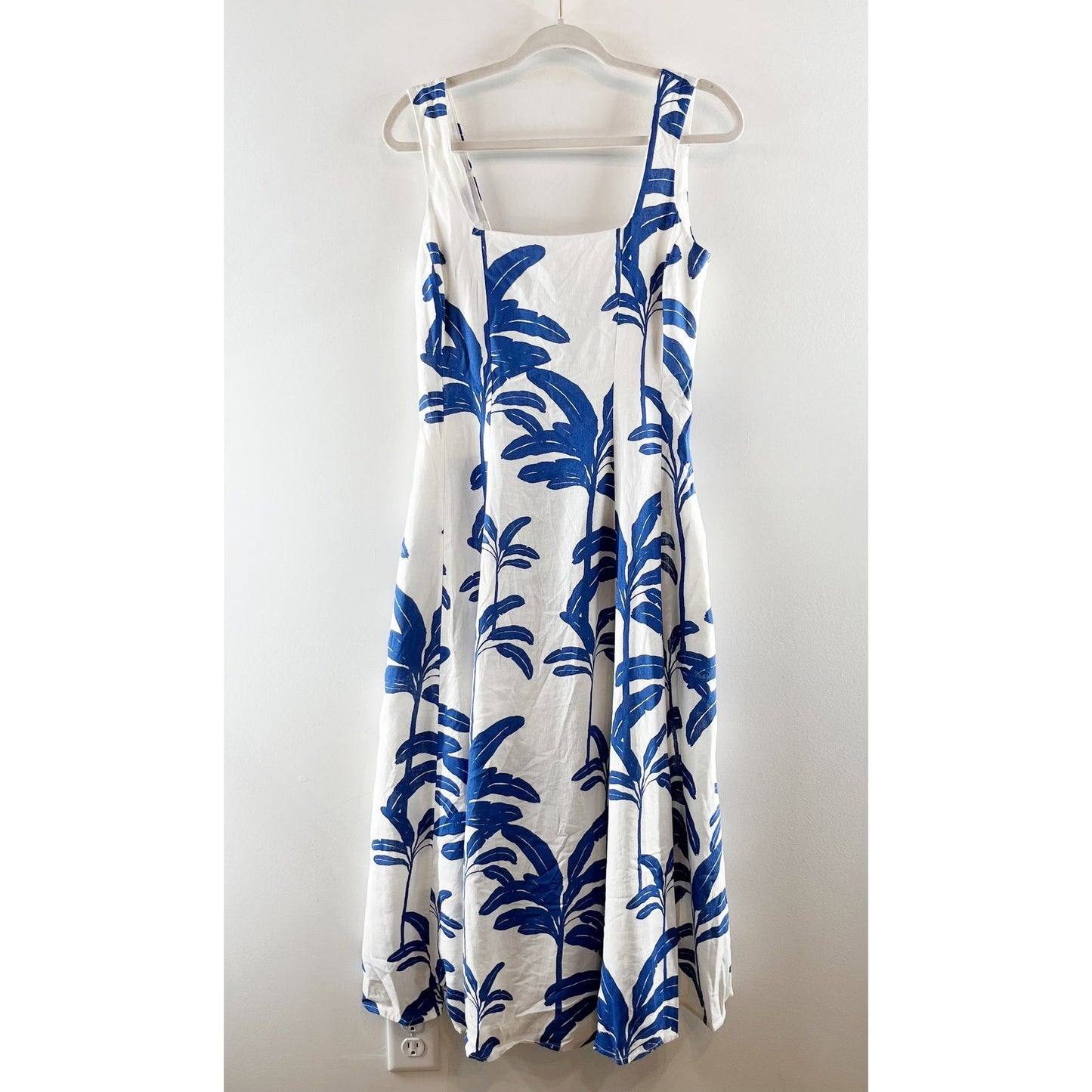 Tahari Linen Blend Floral Tropical Square Neck Sleeveless Midi Dress White 4