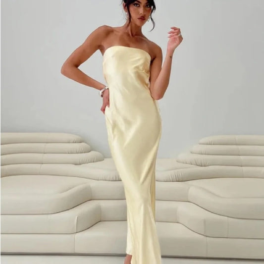 Princess Polly Haley Satin Strapless Tie Back Cocktail Maxi Dress Yellow 2