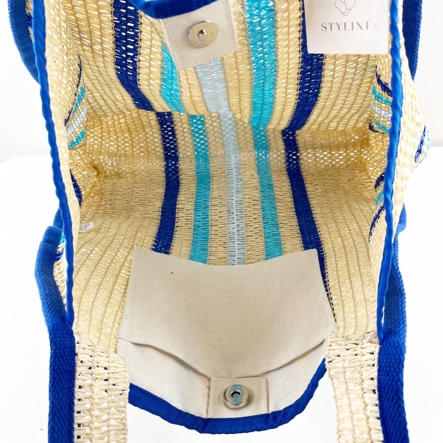 Styline Crochet Striped Beach Tote Bag Tan Blue