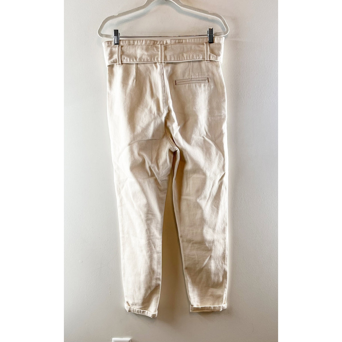 Sezane High Rise Paperbag Belted Tapered Straight Leg Jeans Cream 36