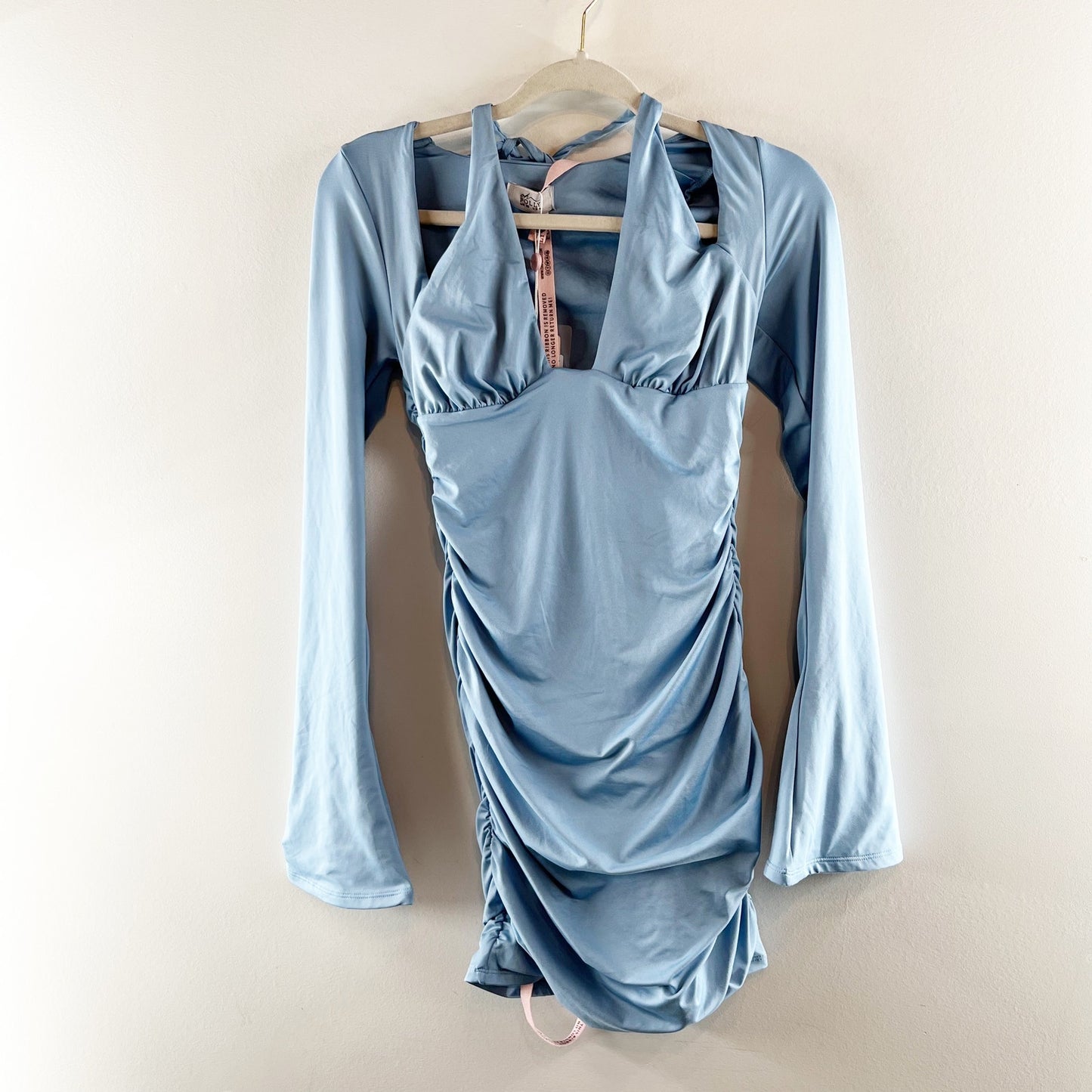 Oh Polly Short and Sweet Halter Cutout Long Bell Sleeve Mini Dress Blue 6