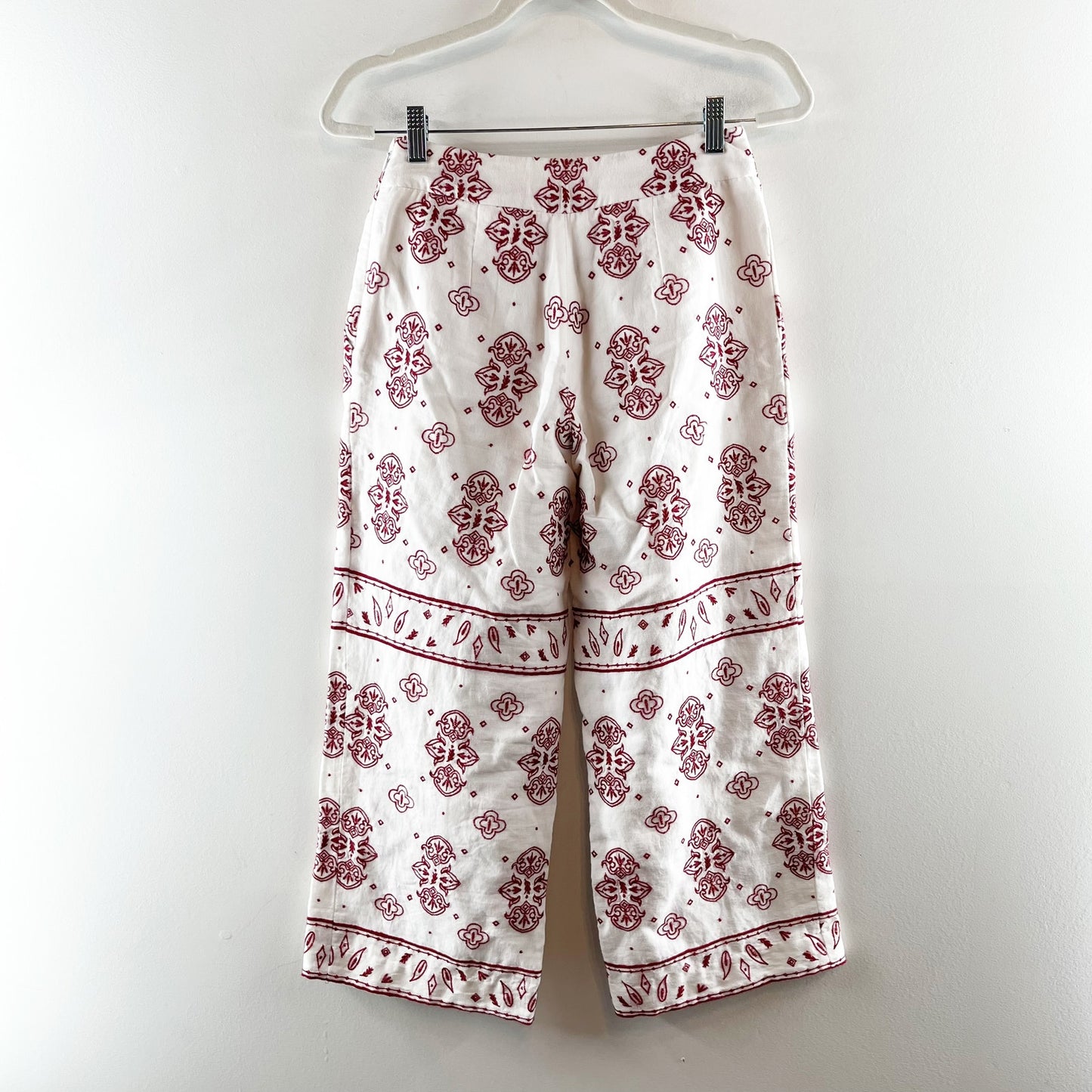 Ett: twa Jadida Embroidered Wide Leg Linen Blend Cropped Pants White Red 0 P