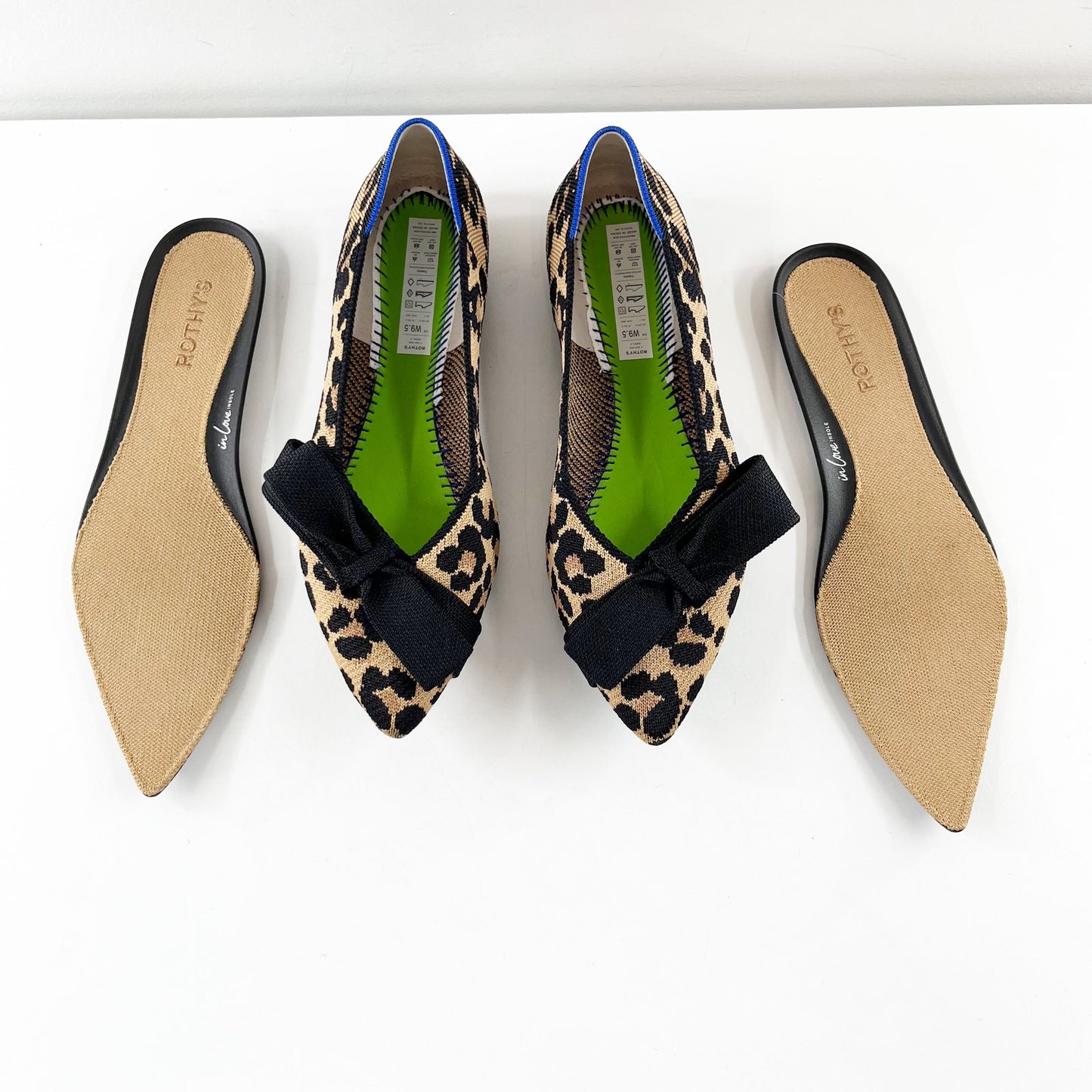 Rothy's The Bow Point II Flats in Sable Spot Leopard Tan Black 9.5