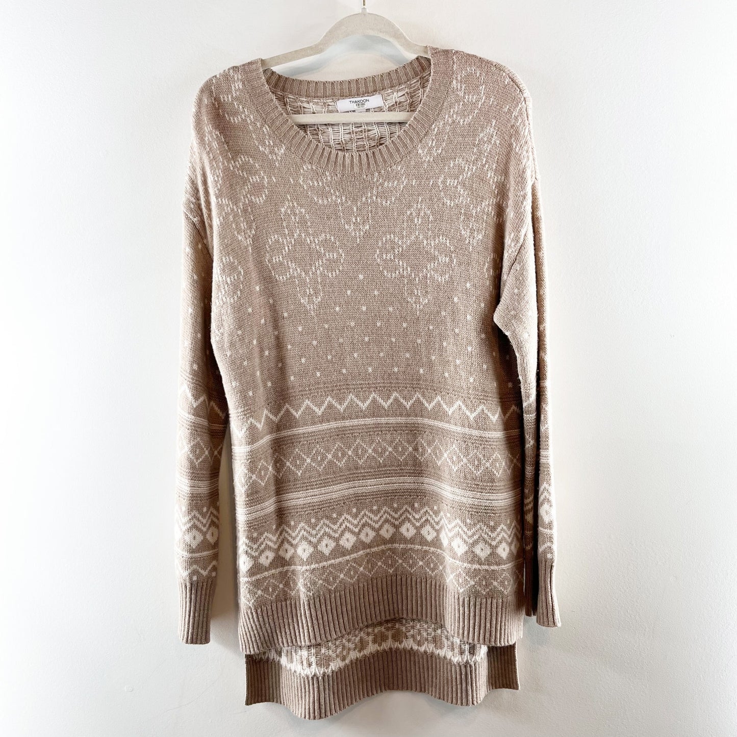 Thakoon Fair Isle Intarsia Crewneck Pullover Tunic Sweater Tan Beige XL