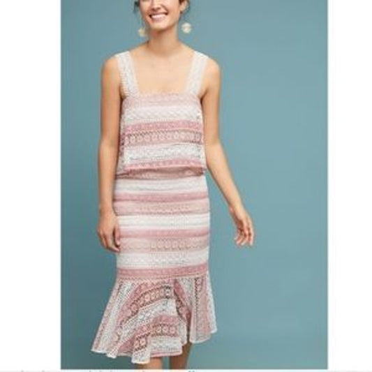 Shoshanna Dunham Striped Estepona Crochet Lace Midi Sheath Dress Pink White 0