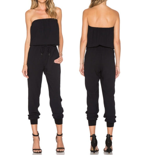 Joie Fairly Strapless Drawstring Waist Pocket One Piece Jumpsuit Caviar Black XS