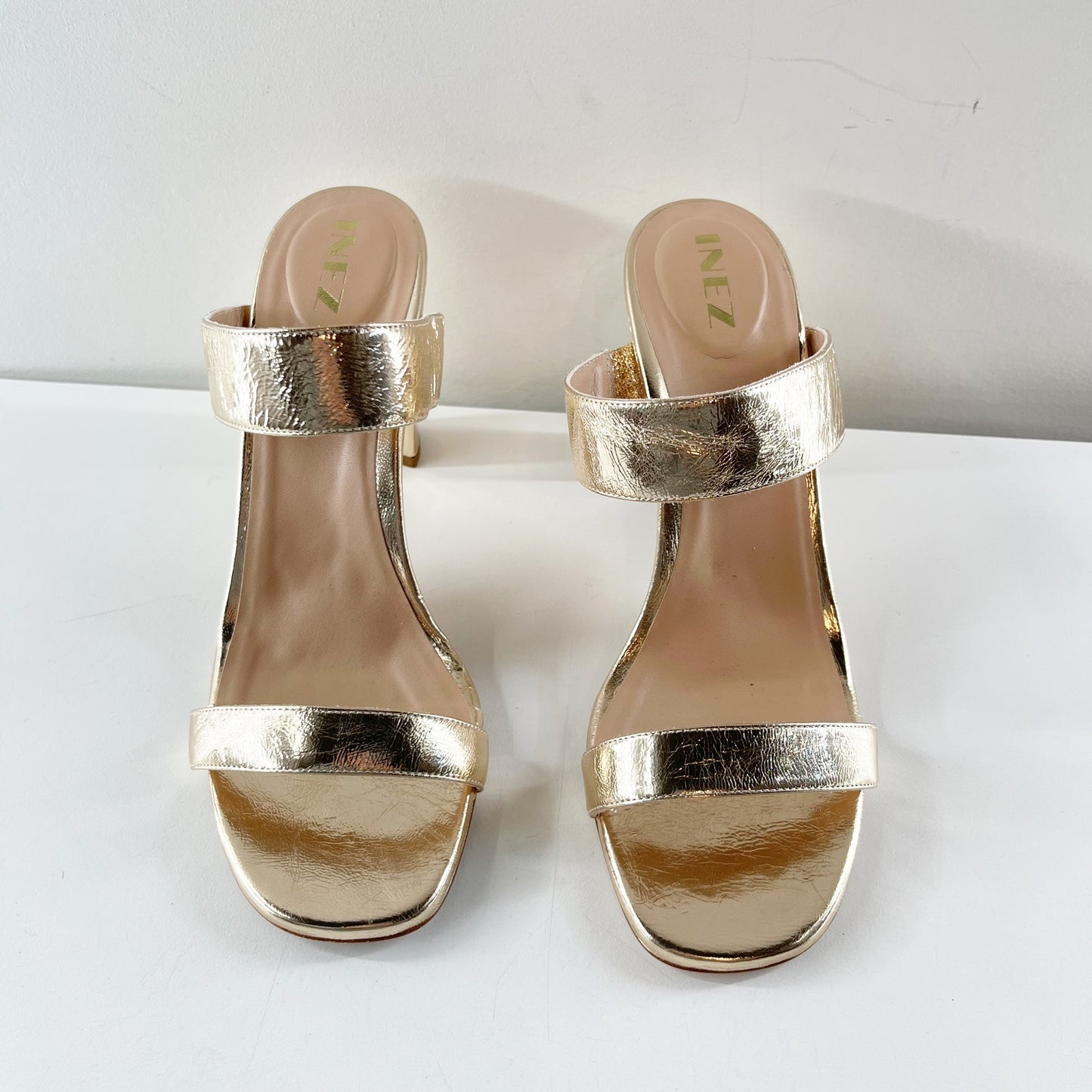 Inez Sara Metallic Leather Slip On Double-Strap Block Heel Sandals Gold 9