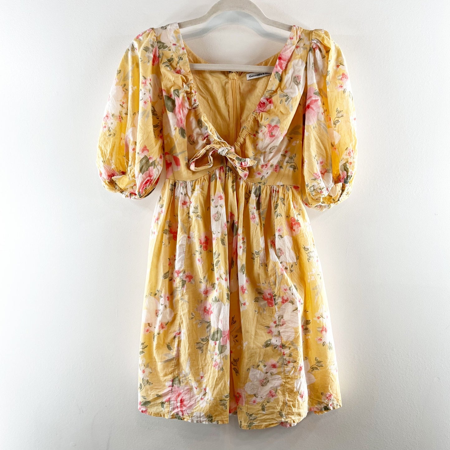 Abercrombie & Fitch Puff Short Sleeve Floral Tie Front Mini Dress Yellow XS