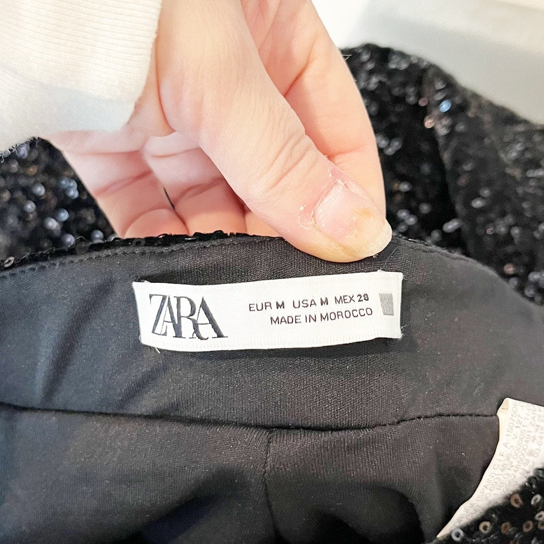 Zara Sequin Embellished High Waisted Flare Trouser Pants Black Medium