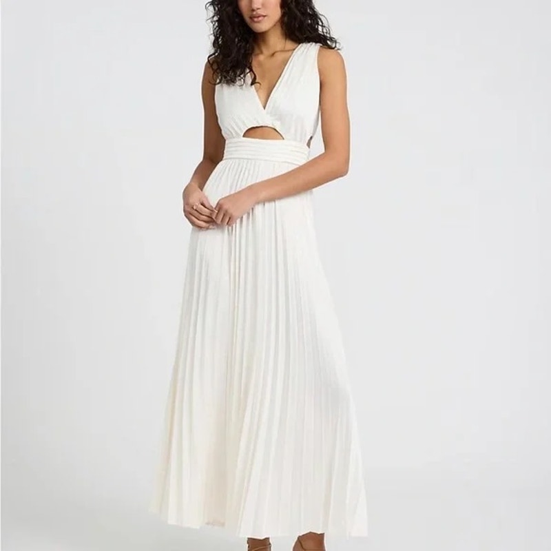 Express Pleated Cutout Sleeveless Maxi Dress Gown Ivory White Medium