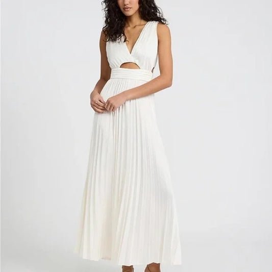 Express Pleated Cutout Sleeveless Maxi Dress Gown Ivory White Medium