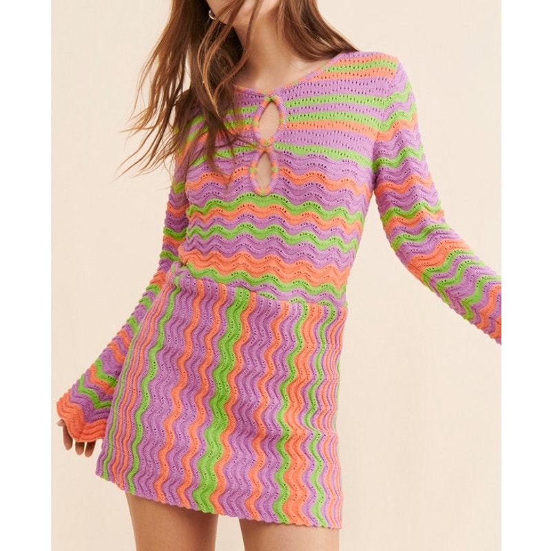 The Wolf Gang Lucid Striped Long Sleeve Mini Knit Dress Pink Green Small