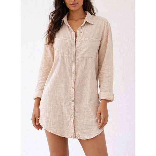 Blanco by Nature Cotton Long Sleeve Button Down Shirt Dress Beige Tan XL