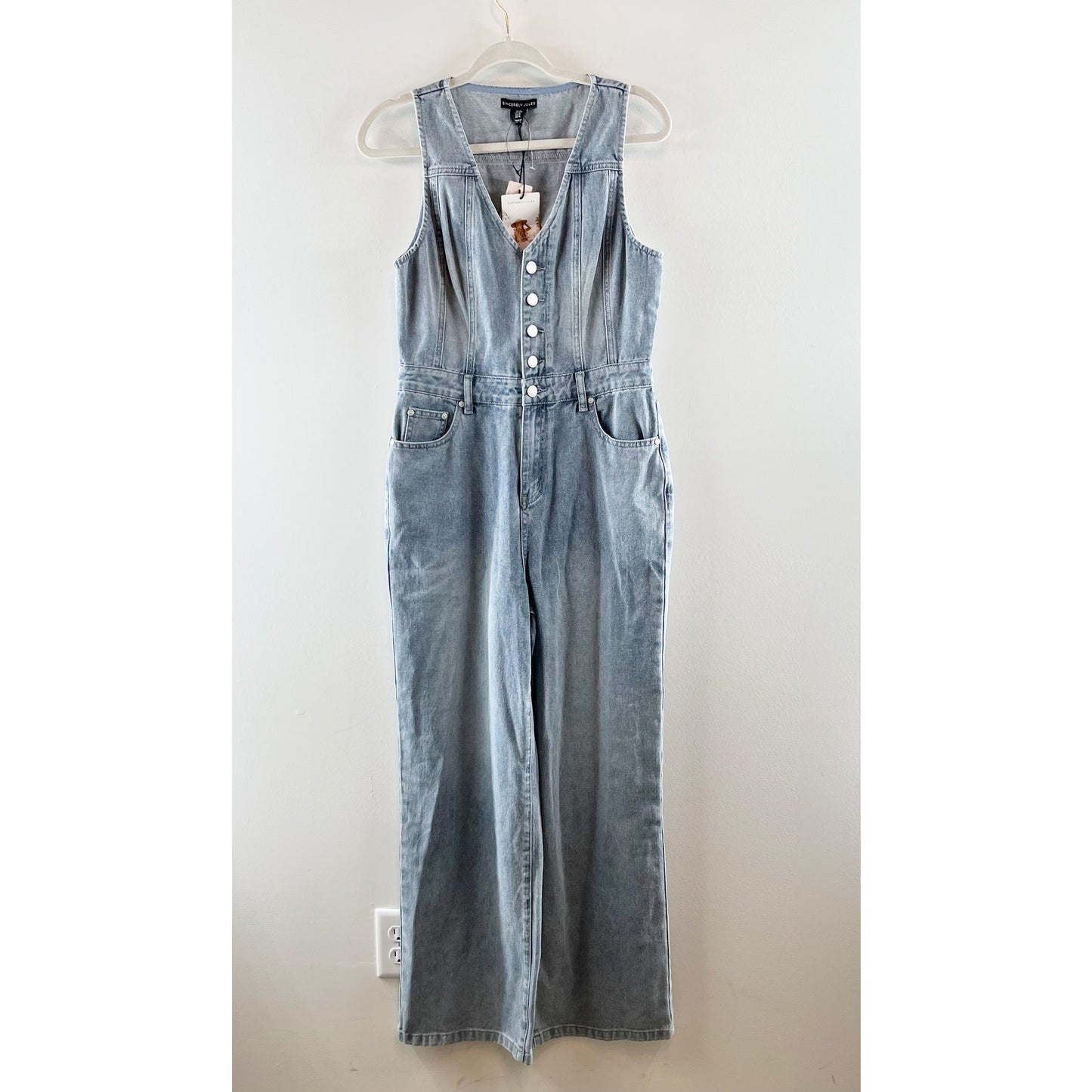 Sincerely Jules Sleeveless Button Up Wide Leg Denim Jumpsuit Blue Medium