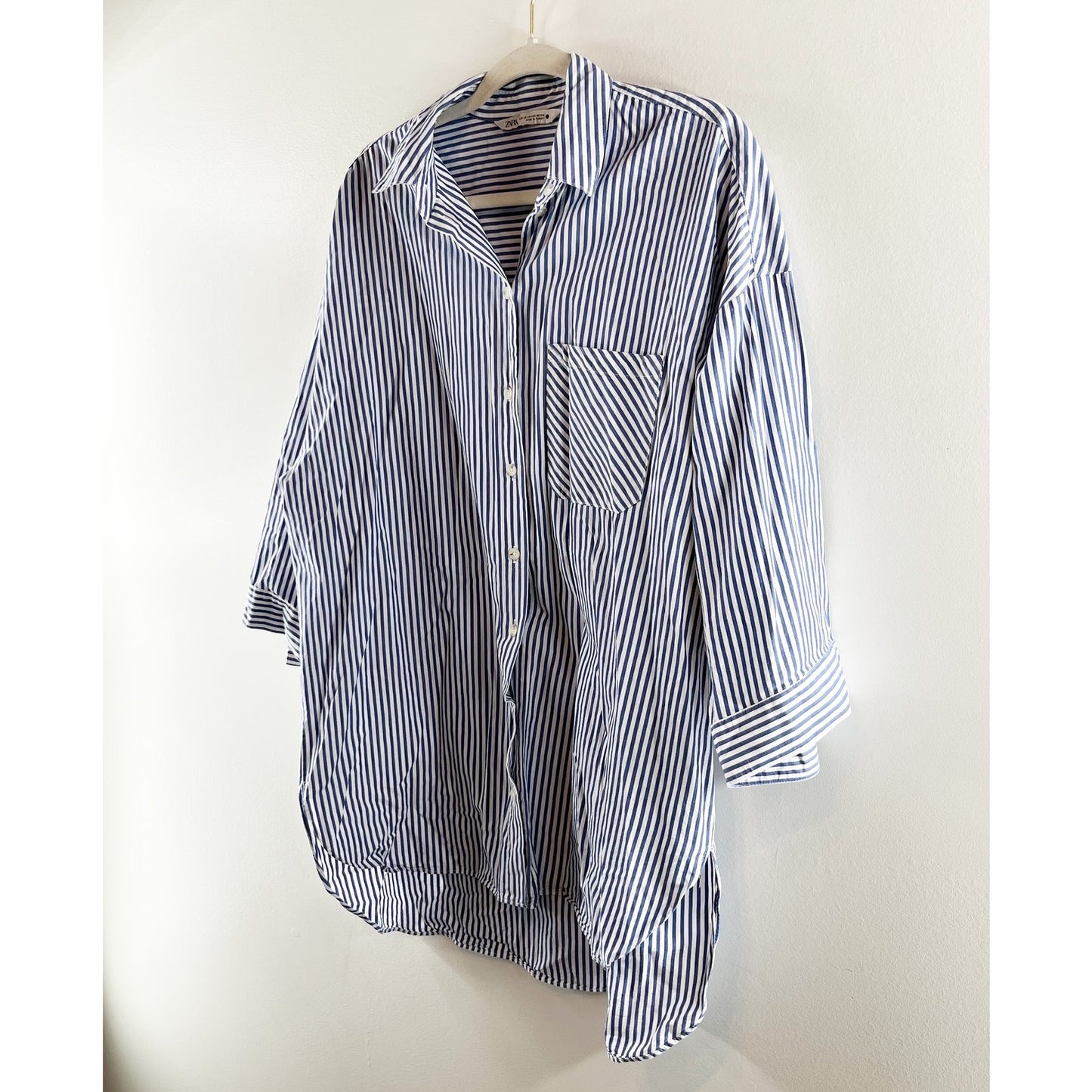 Zara Striped 3/4 Sleeve Oversized Poplin Tunic Button-Up Shirt Blue White XS