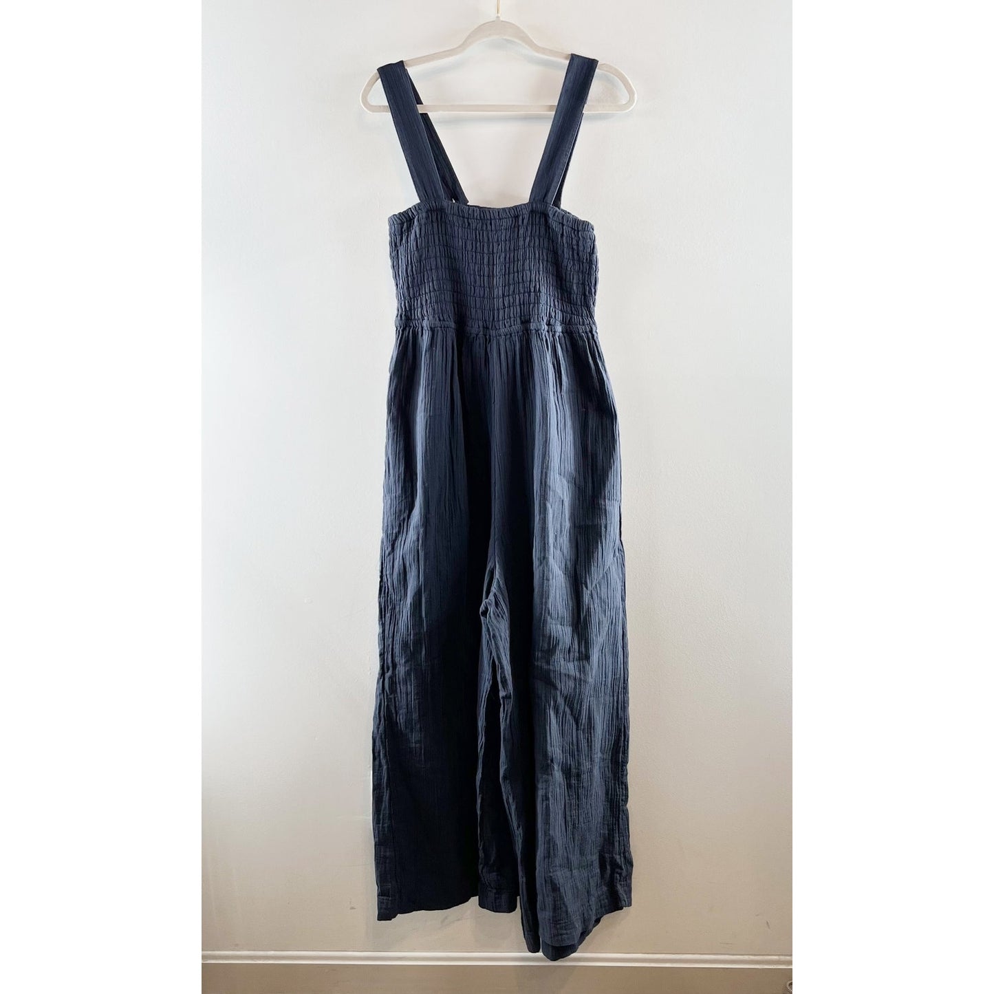 Quince Organic Cotton Gauze Smocked Wide Leg Jumpsuit Indigo Blue Medium