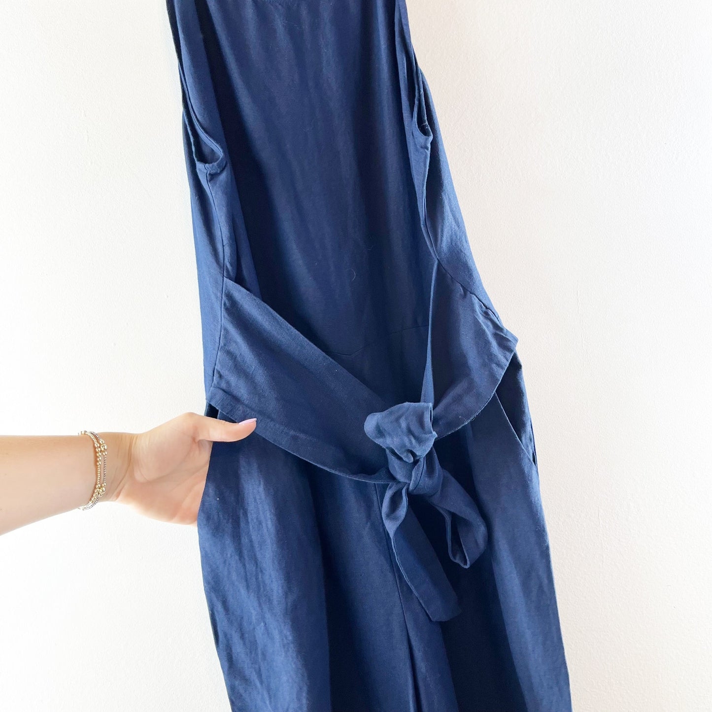 LOFT Square High Neck Tie Waist Linen Blend Wide Leg Jumpsuit Navy Blue 6