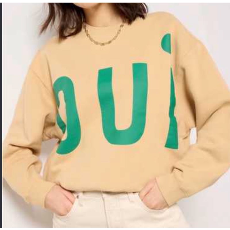 Clare V. Oui Graphic Cotton Crewneck Sweatshirt Tan Green Small