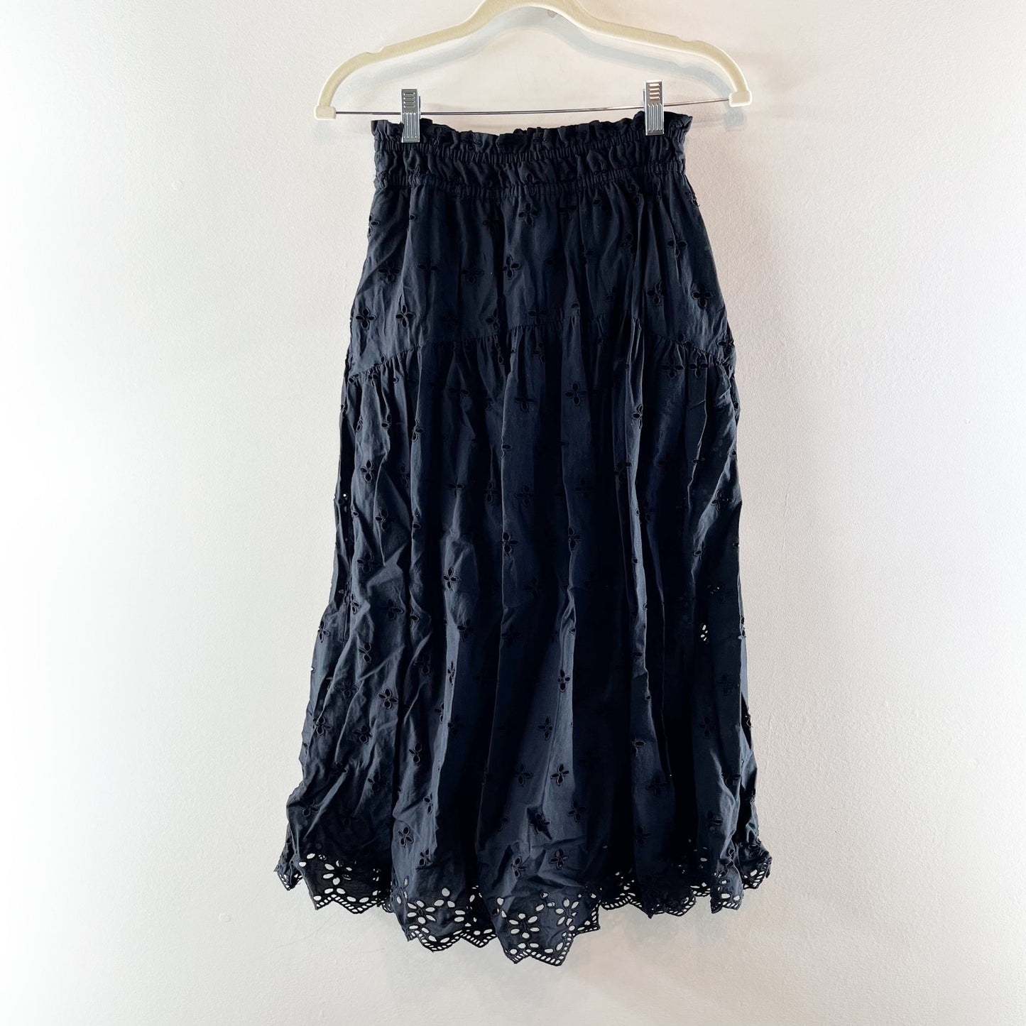 Marea by Liz Joy Louisa Eyelet High Waisted Tiered Midi Skirt Black XS
