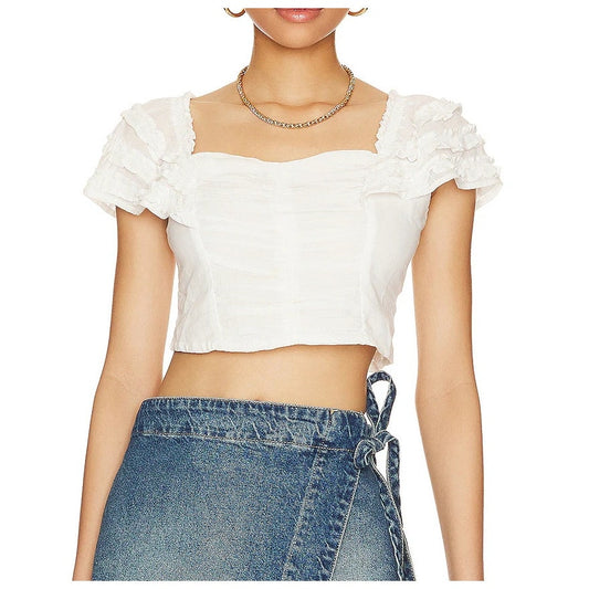 Free People Thank You Very Sweetly Cap Sleeve Smocked Cropped Top White XL