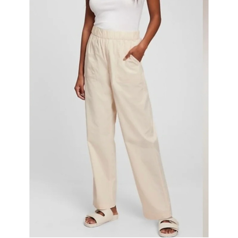 GAP Elastic Waist Twill Straight Leg Chino Khaki Pants Cream Medium
