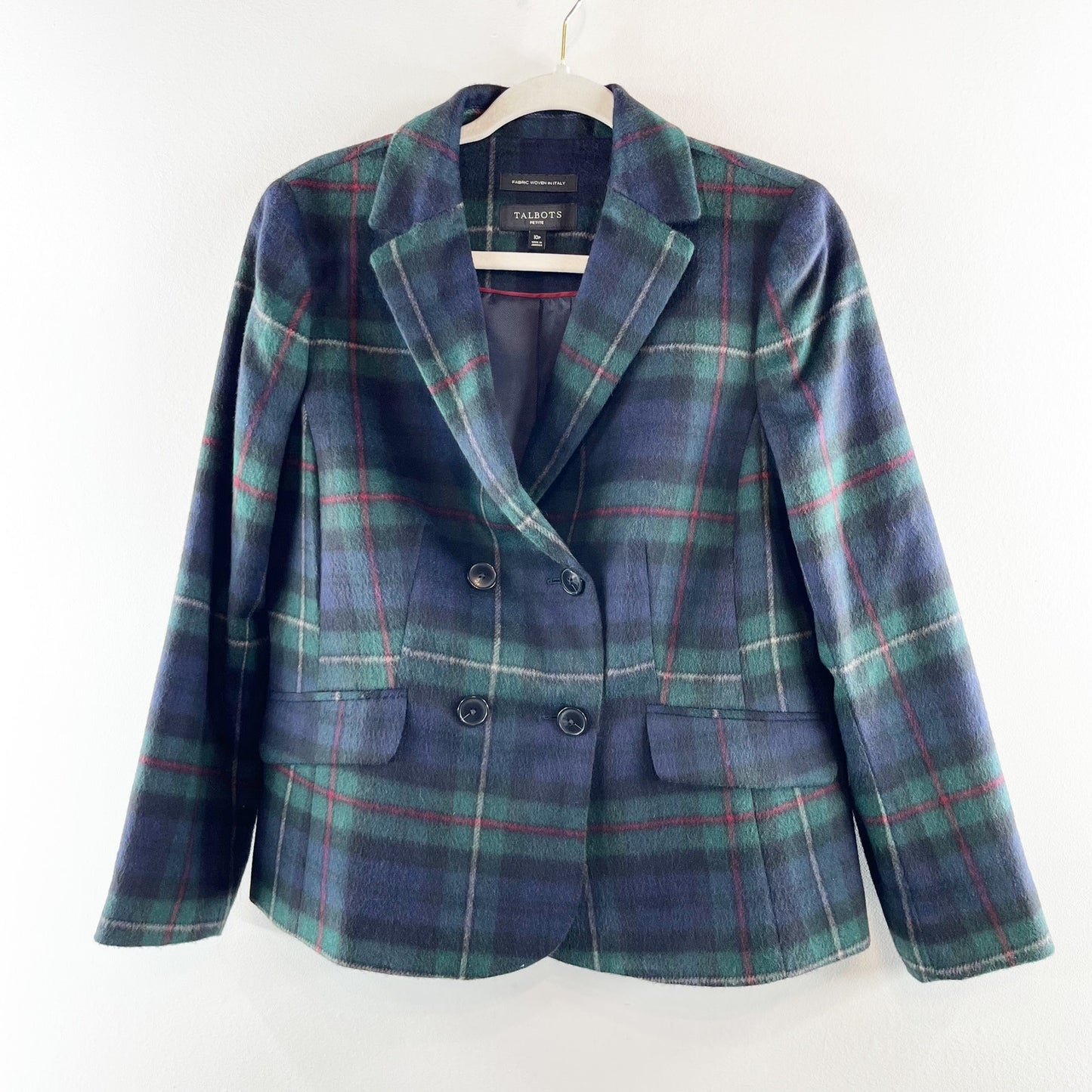 Talbots Brushed Wool Double Breasted Blazer Jacket Tartan Plaid Green 10P