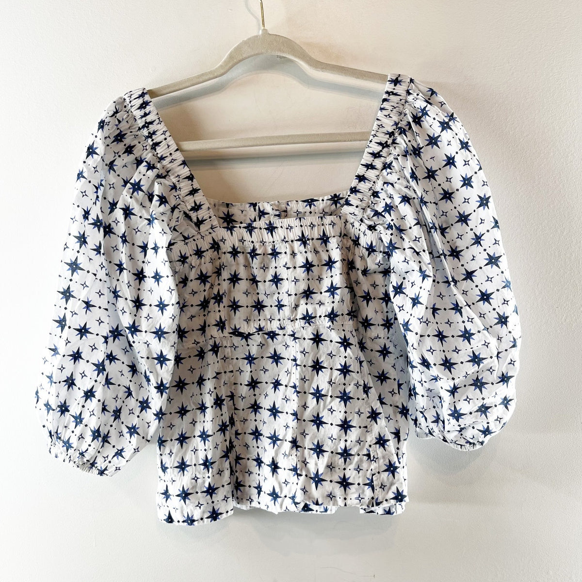 Ros Garden Tuckernuck Elbow Length Square Neck Puff Sleeve Printed Top White XS